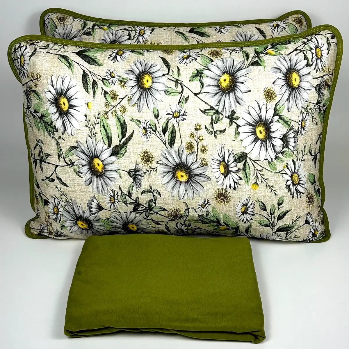 Jogo de Cama Queen 3 Peças Malha Margaridas Verde Oliva – Colloda