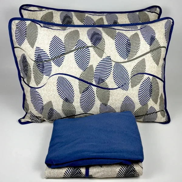 Jogo de Cama 4 Peças Malha Folha Listrada Azul Jeans