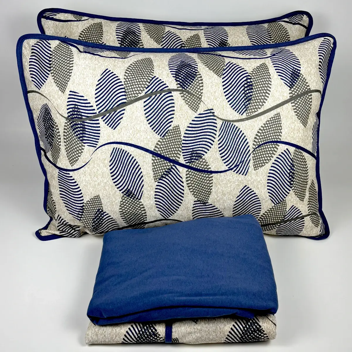 Jogo de Cama 4 Peças Malha Folha Listrada Azul Jeans